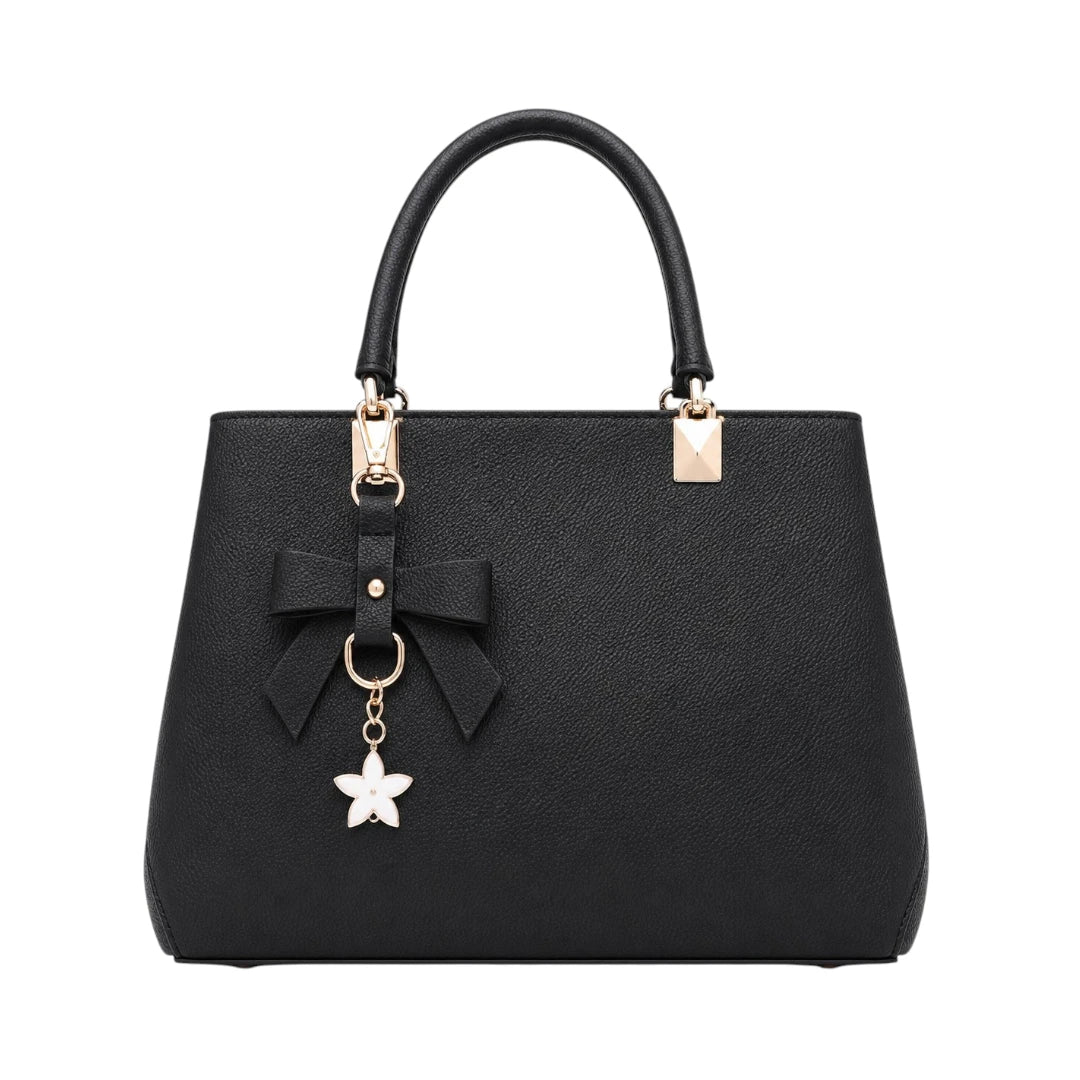 Tailo Elegant Black Leather Handbag with Bow Charm