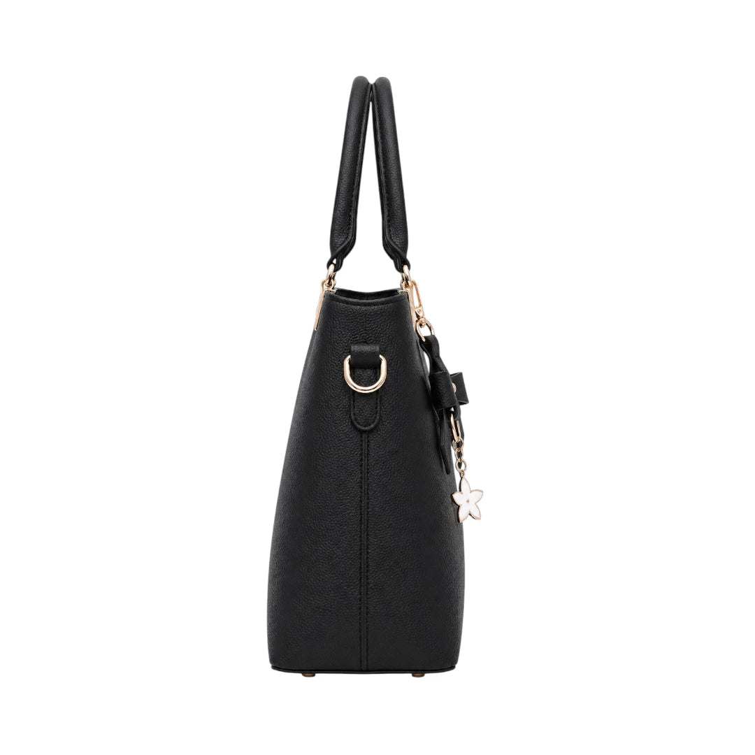 Tailo Elegant Black Leather Handbag with Bow Charm