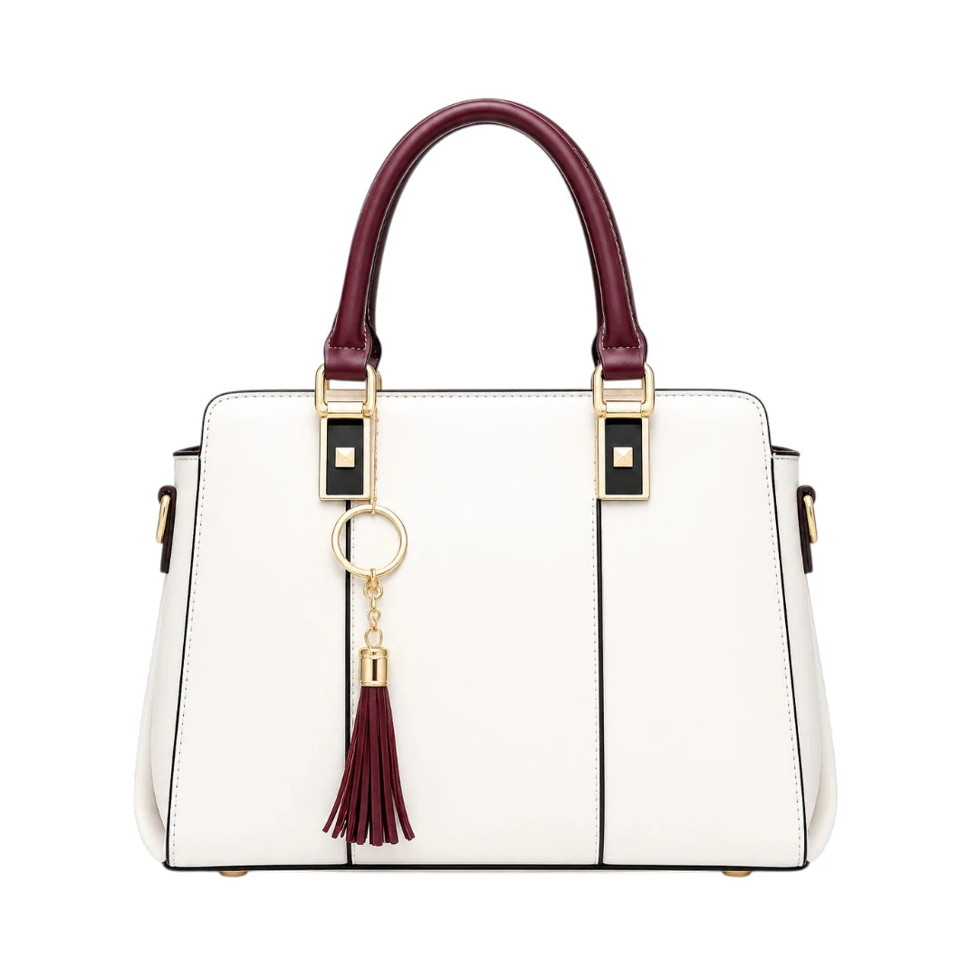 Tailo Elegant White Leather Handbag with Tassel Charm